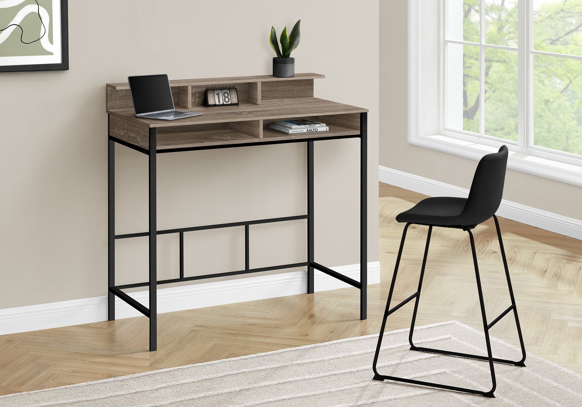 MN-857702    Computer Desk, Home Office, Standing, Storage Shelves, 48"L, Metal Legs, Laminate, Dark Taupe, Contemporary, Industrial, Modern