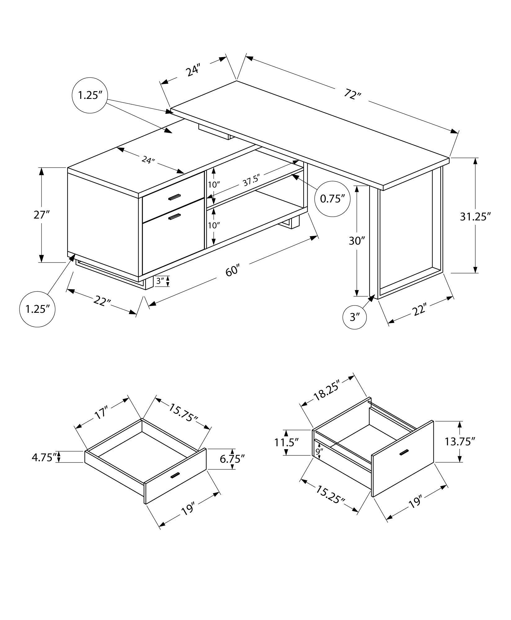 MN-887711    Computer Desk - L-Shaped / Corner / 2 Drawers / Metal Legs / Reversible - 72"L X 60"W - Walnut / Black