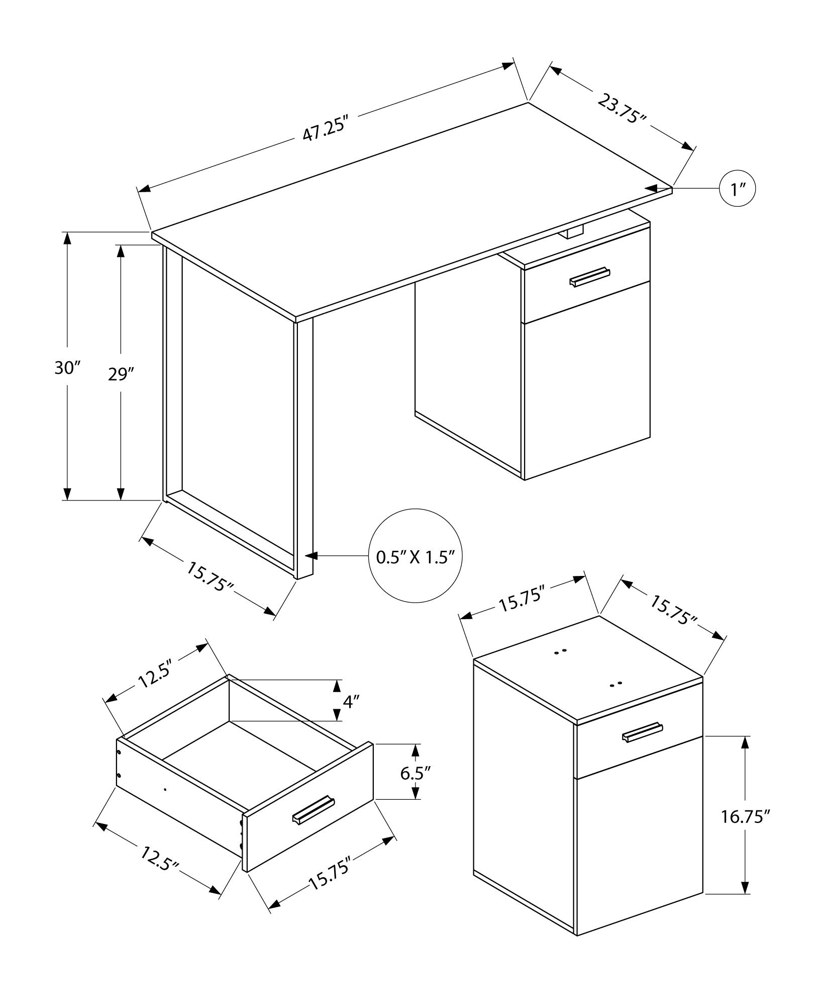 MN-167762    Computer Desk - Storage Drawer / Cabinet / Left Or Right Setup / Floating Desktop - 48"L - White Marble-Look  / Black
