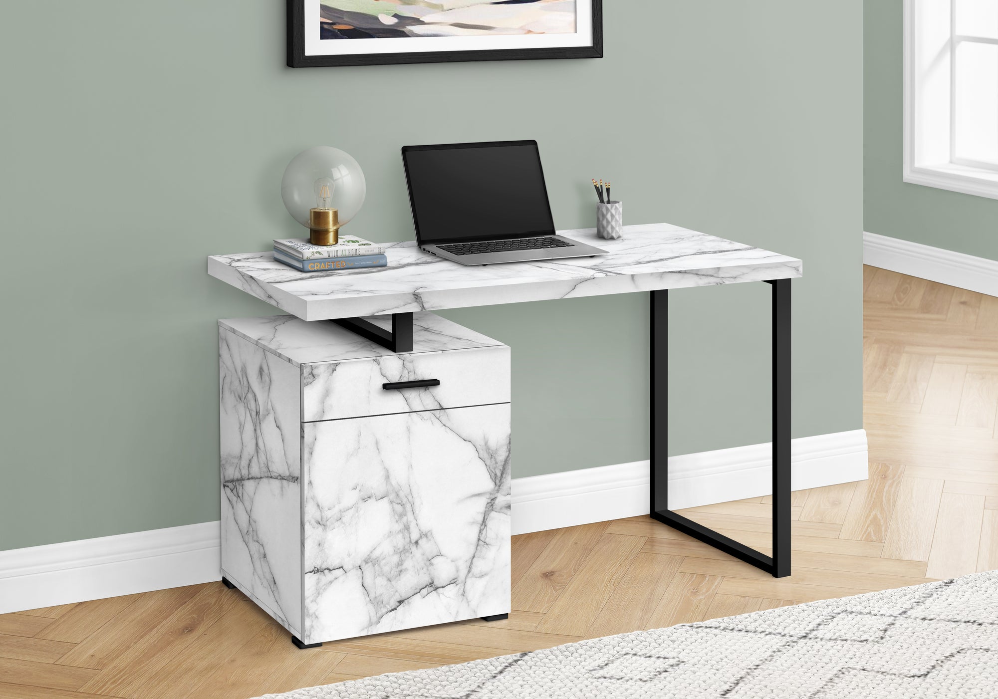 MN-167762    Computer Desk - Storage Drawer / Cabinet / Left Or Right Setup / Floating Desktop - 48"L - White Marble-Look  / Black