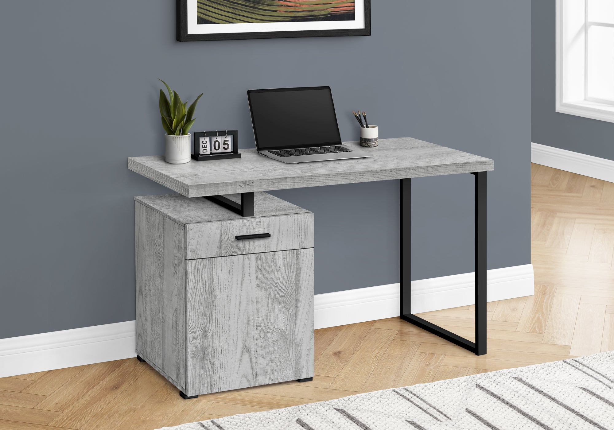 MN-177763    Computer Desk - Storage Drawer / Cabinet / Left Or Right Setup / Floating Desktop - 48"L - Grey / Black