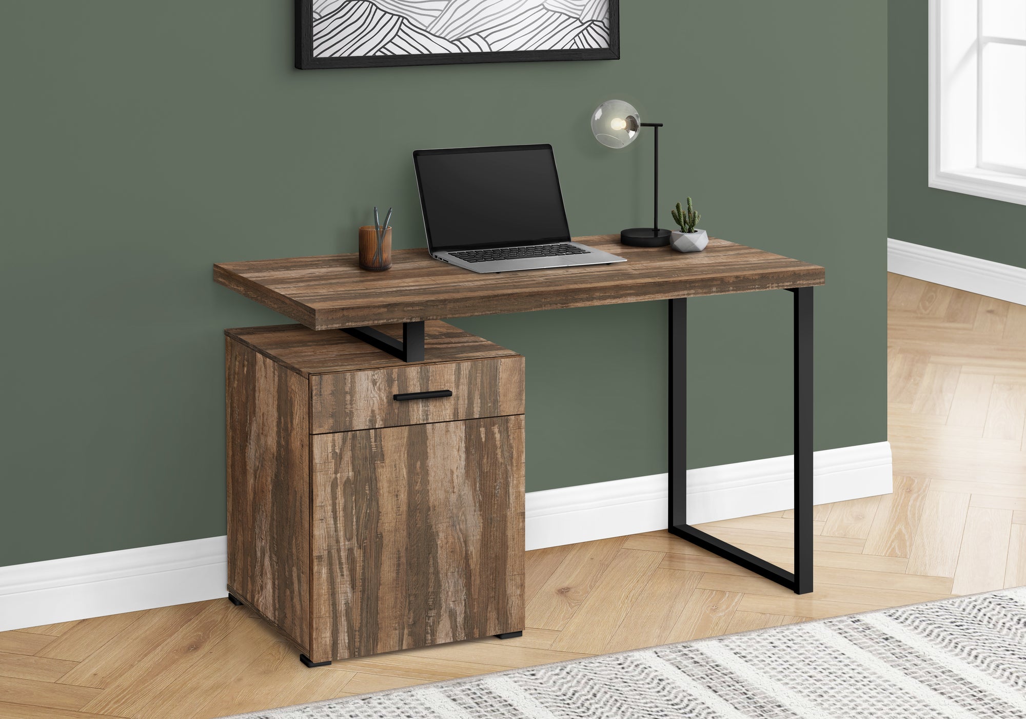 MN-197765    Computer Desk - Storage Drawer / Cabinet / Left Or Right Setup / Floating Desktop - 48"L - Medium Brown Reclaimed Wood-Look  / Black