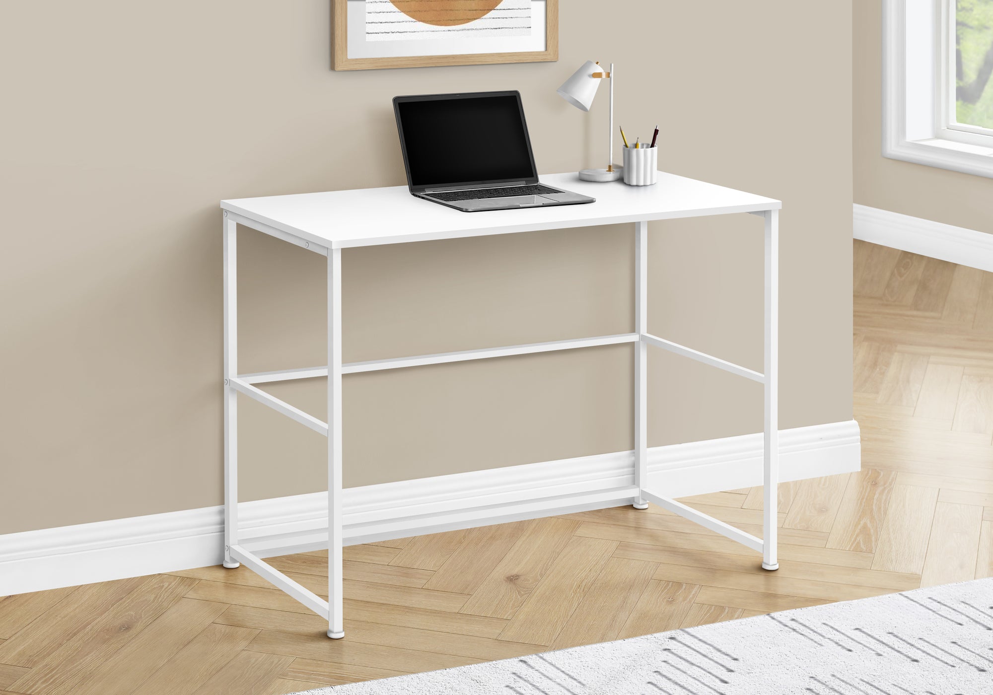 MN-247775    Computer Desk - Small Writing Or Laptop Table / Modern Style / Metal Frame - 40"L - White / White