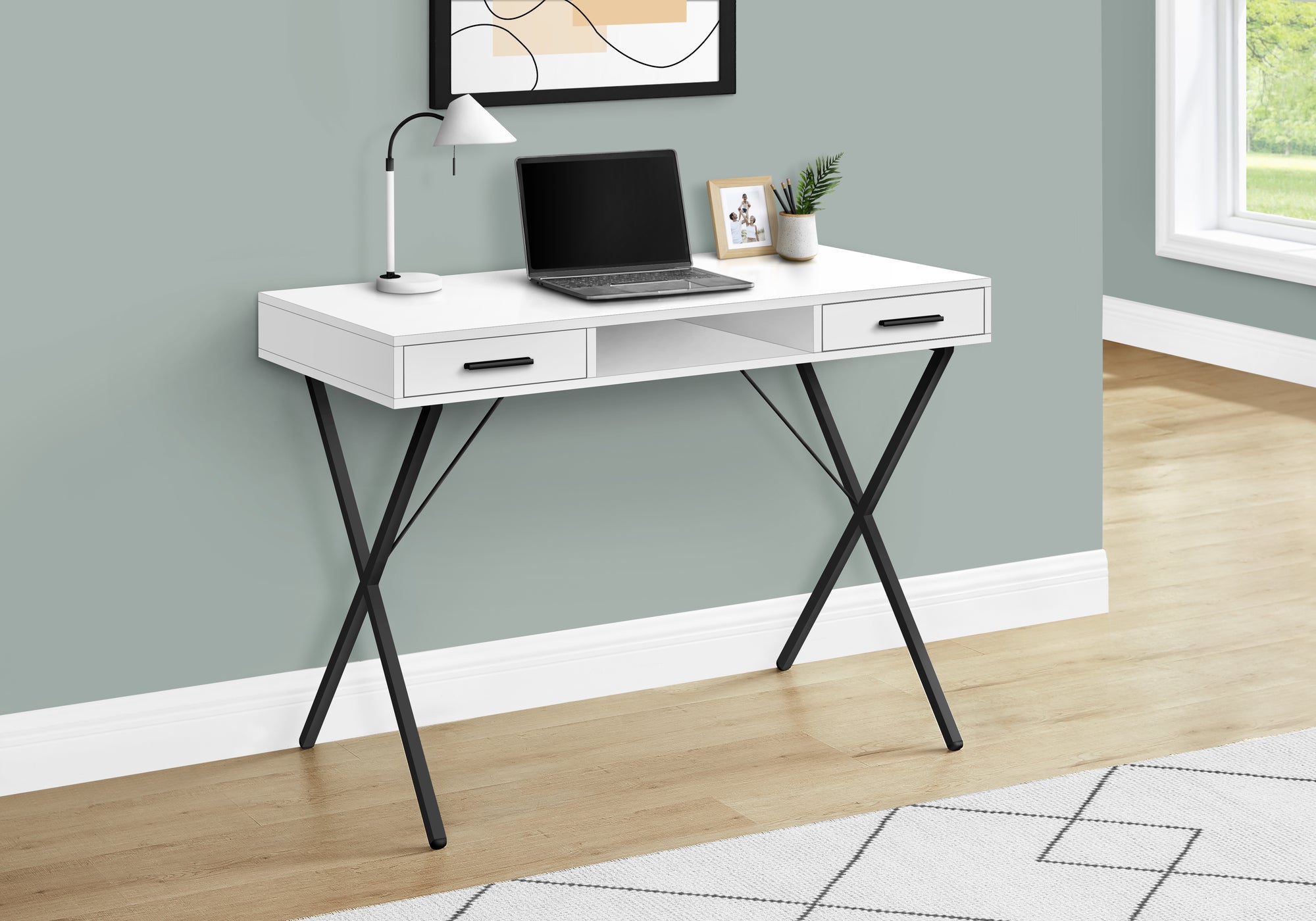 MN-317790    Computer Desk - 2 Storage Drawers / 1 Cubby / Metal X-Shaped Legs - 42"L - White / Black