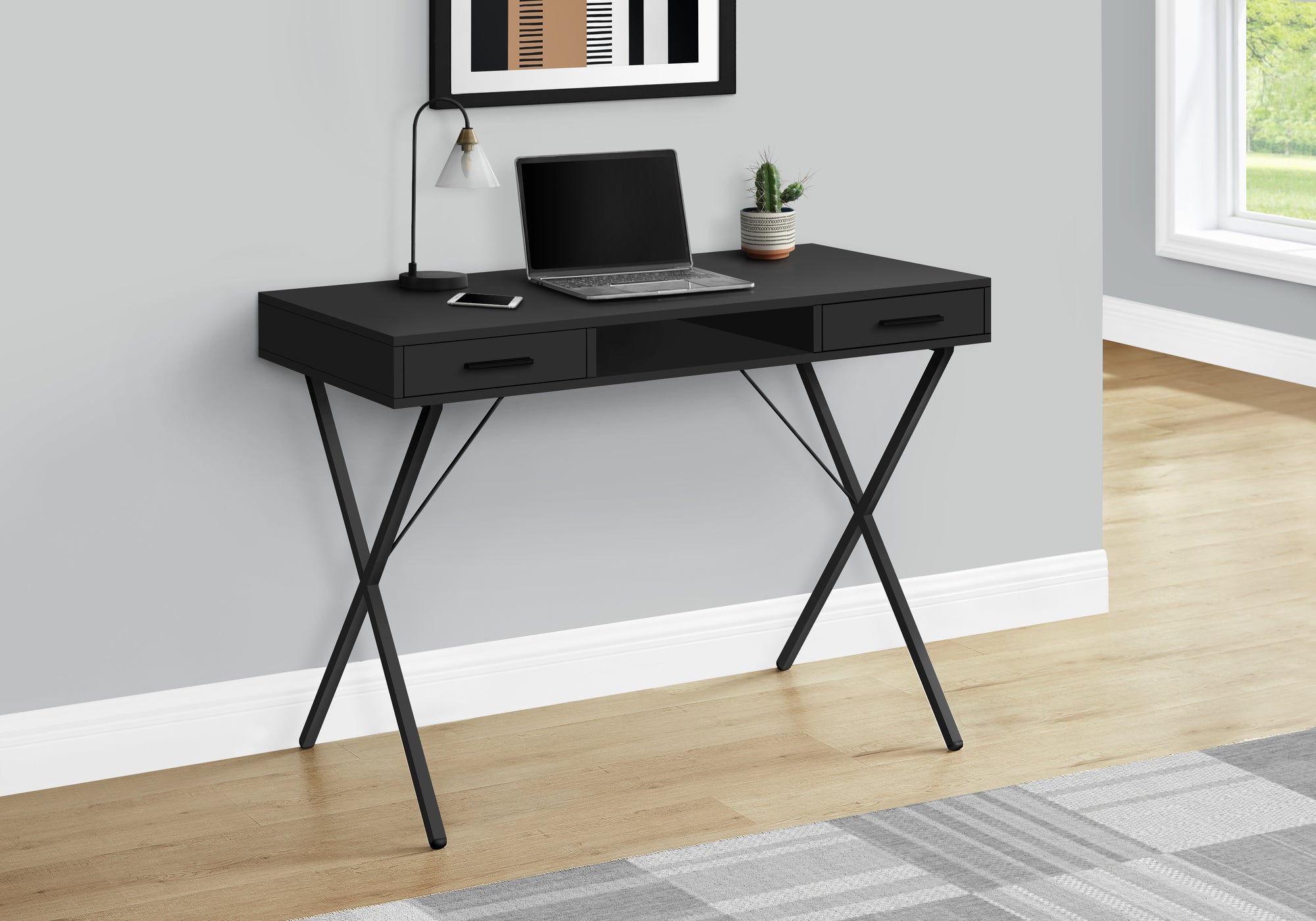 MN-327791    Computer Desk - 2 Storage Drawers / 1 Cubby / Metal X-Shaped Legs - 42"L - Black / Black