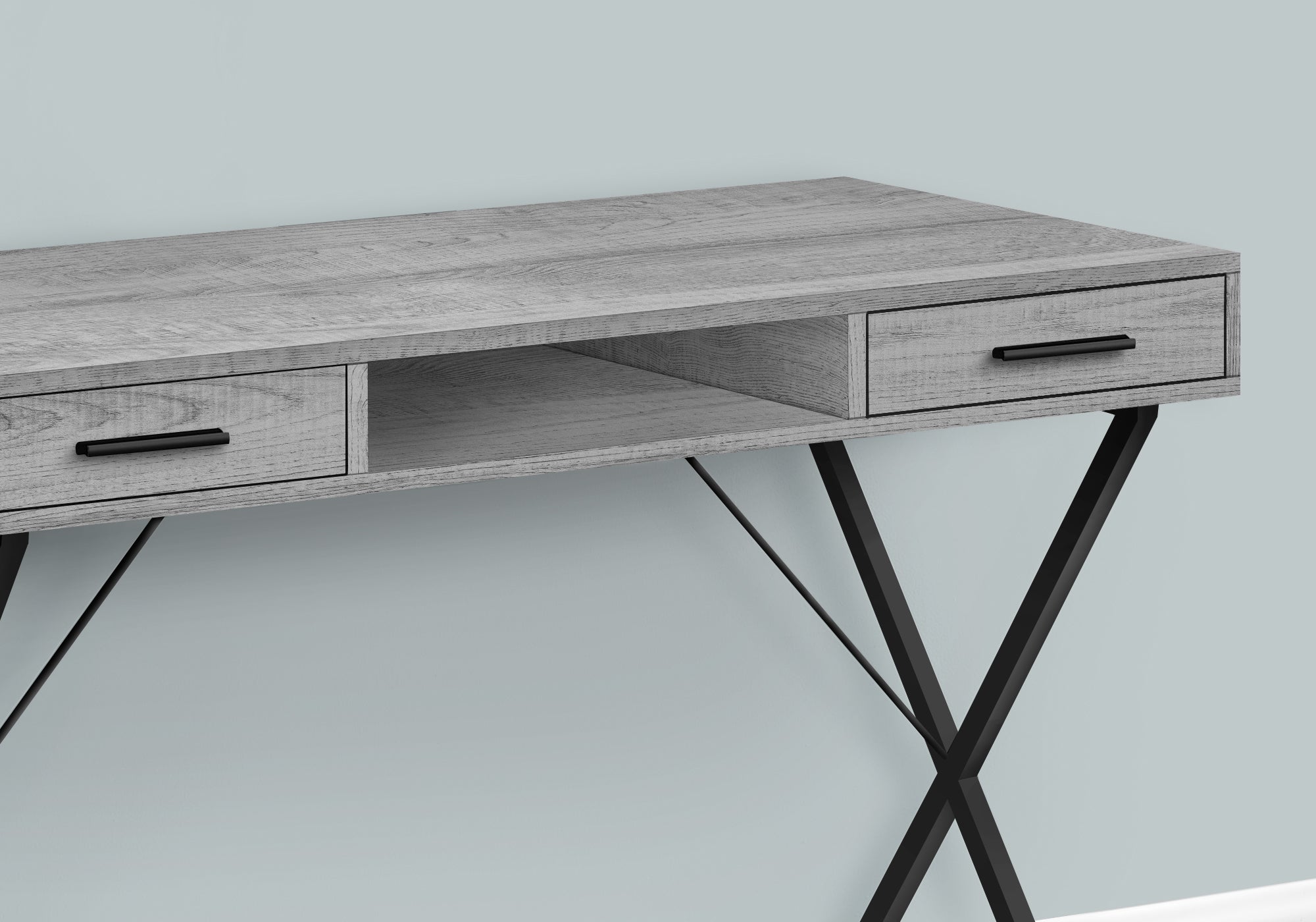 MN-337792    Computer Desk - 2 Storage Drawers , 1 Cubby, Metal X-Shaped Legs - 42"L - Grey Wood-Look , Black