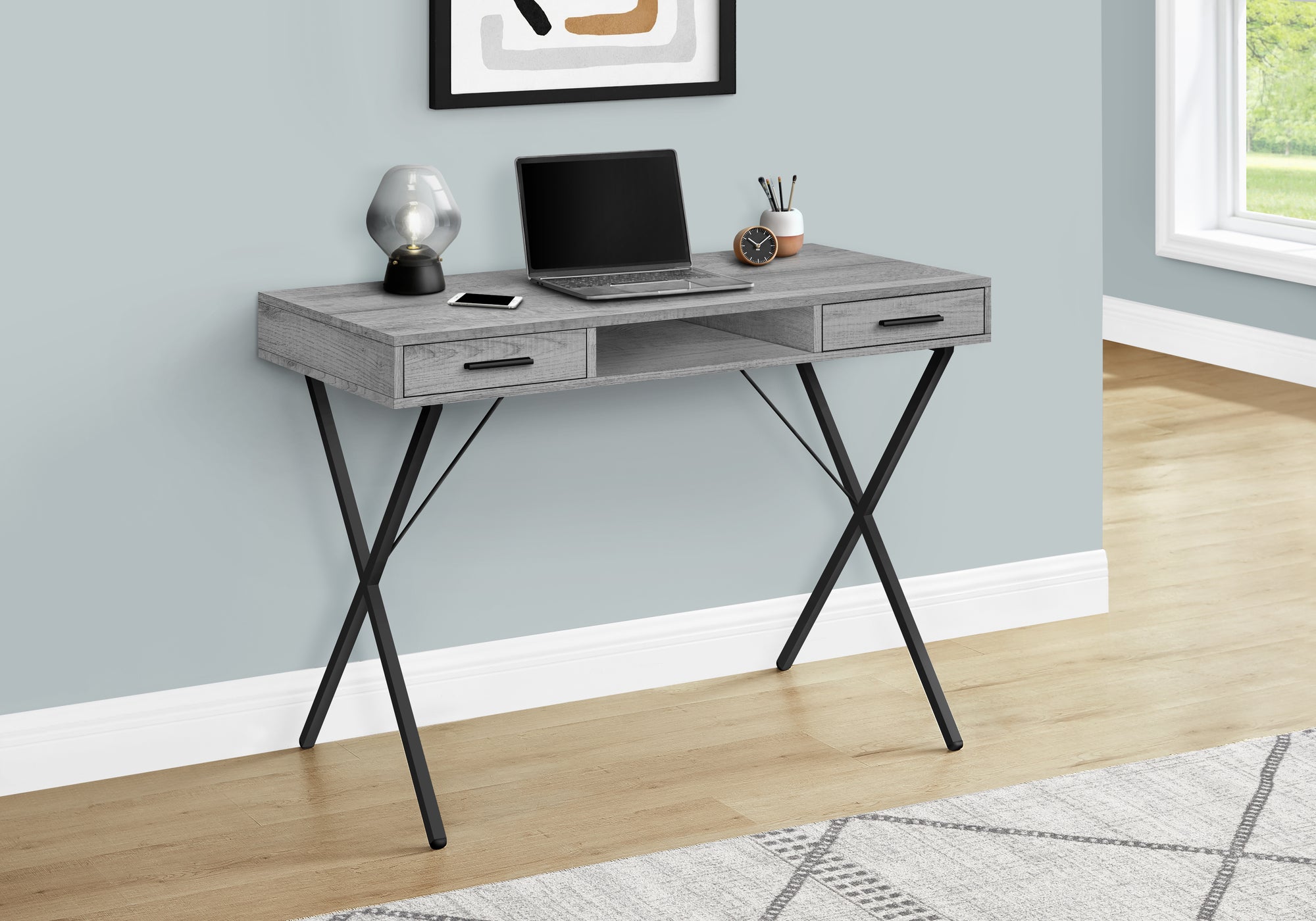 MN-337792    Computer Desk - 2 Storage Drawers , 1 Cubby, Metal X-Shaped Legs - 42"L - Grey Wood-Look , Black