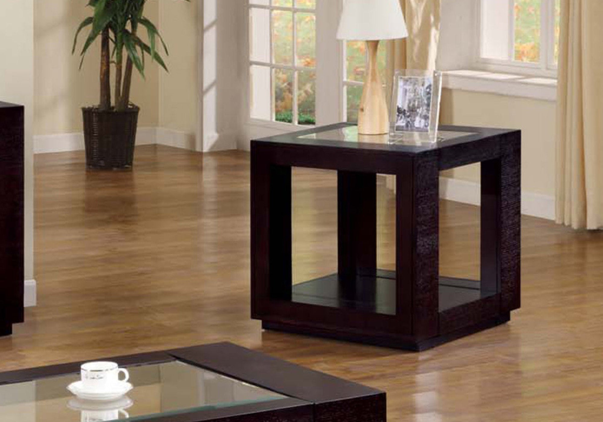 MN-427811E    Accent Table, Side, End, Nightstand, Lamp, Living Room, Bedroom, Venner, Tempered Glass, Dark Brown, Clear, Transitional