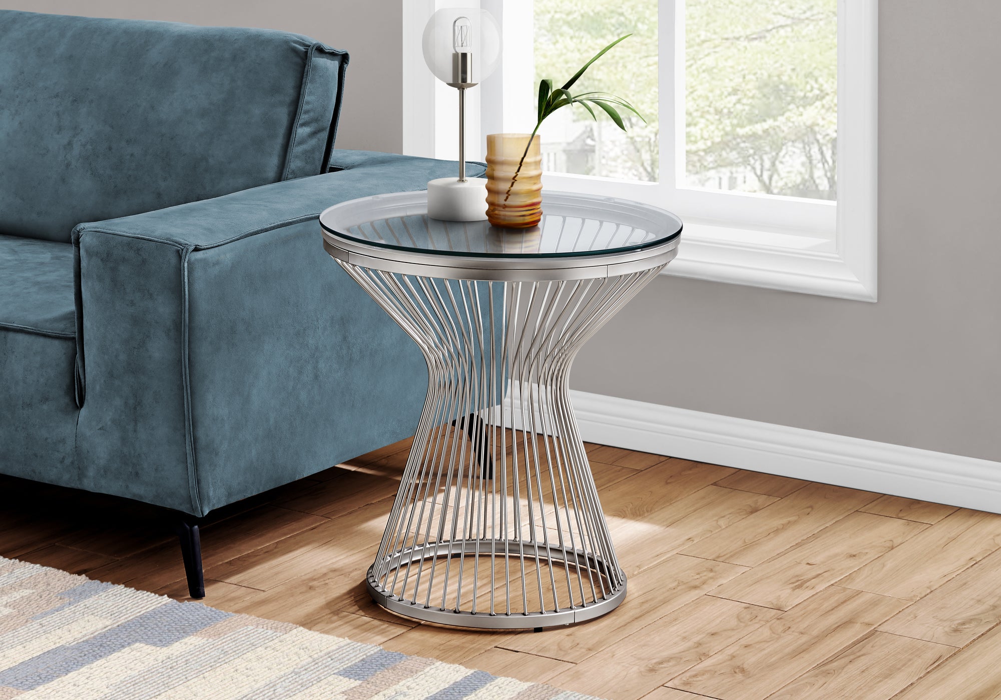 MN-467821    Accent Table, Side, End, Nightstand, Lamp, Living Room, Bedroom, Metal Base, Tempered Glass, Clear, Stainless Steel, Contemporary, Glam, Modern