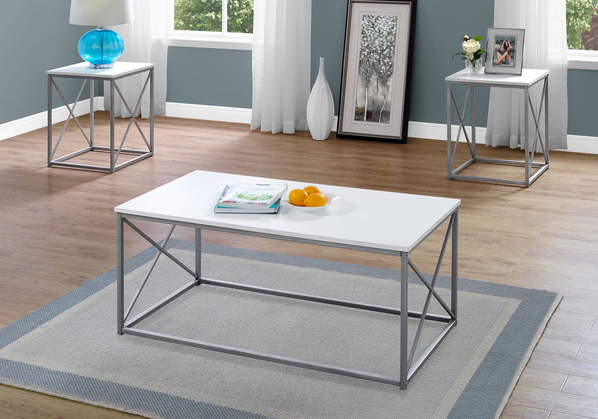 MN-747951P    Table Set, 3Pcs Set, Coffee, End, Side, Accent, Living Room, Laminate, Metal Legs, White, White, Contemporary, Modern