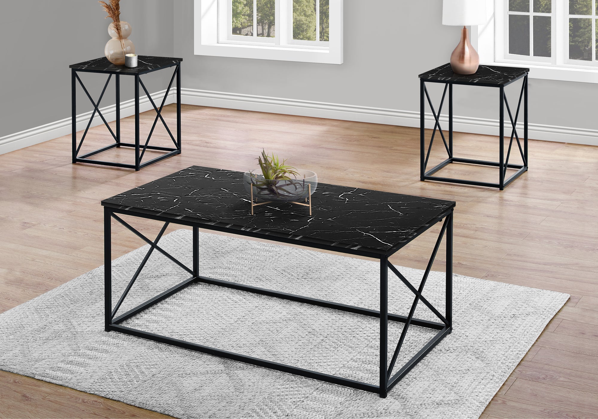 MN-767954P    Table Set - 3Pcs Set / Black Marble / Black Metal