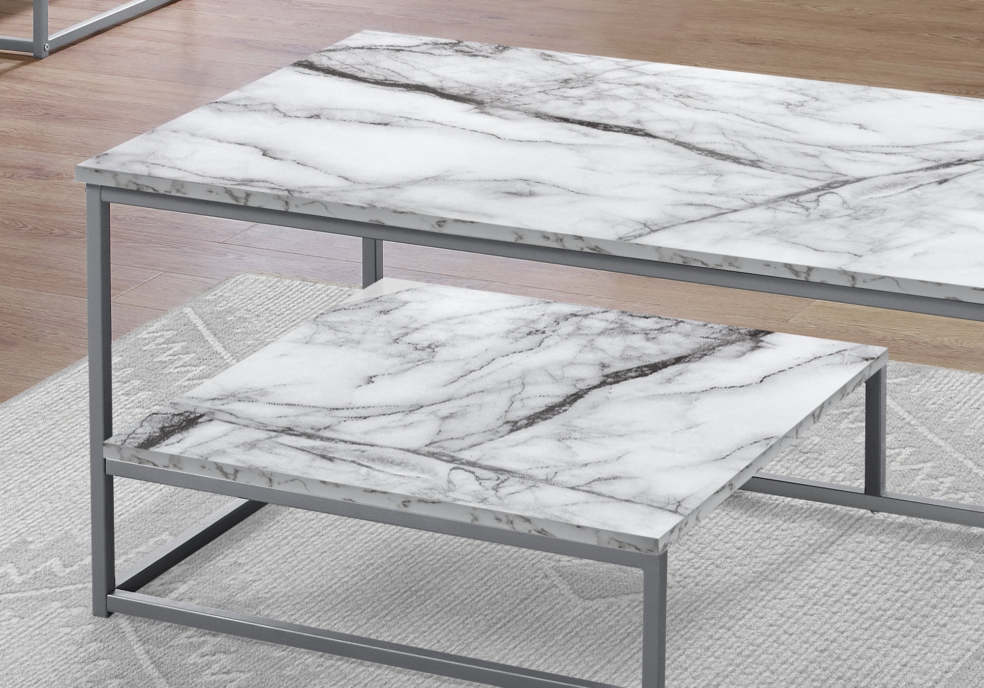 MN-797963P    Table Set - 3Pcs Set / White Marble / Silver Metal
