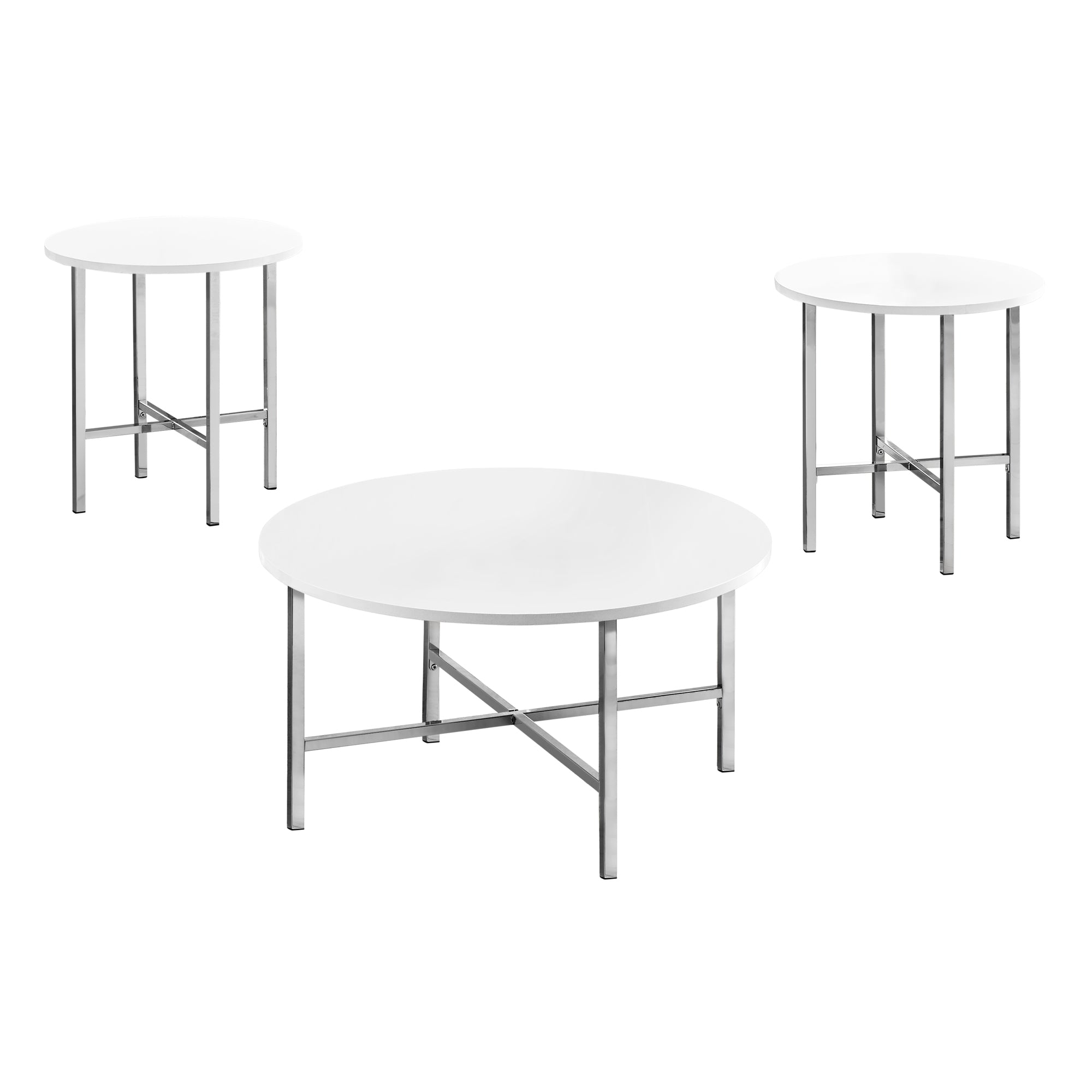 MN-817965P    Table Set, 3Pcs Set, Coffee, End, Side, Accent, Living Room, Laminate, Metal Legs, Glossy White, Chrome, Contemporary, Modern