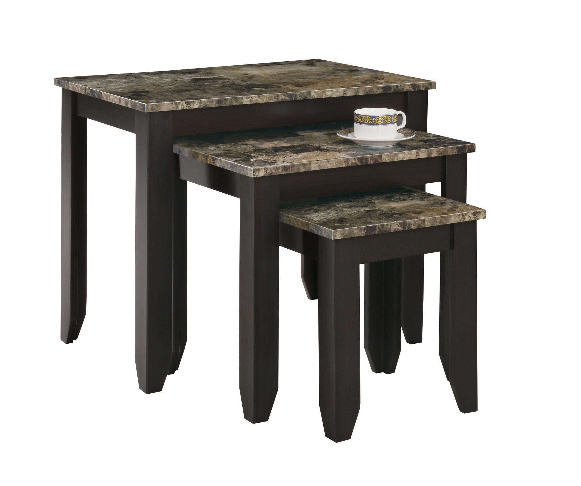 MN-847982N    Nesting Table, Set Of 3, Side, End, Faux Marble, Accent, Living Room, Bedroom, Laminate, Brown Marble Look, Espresso, Contemporary, Modern
