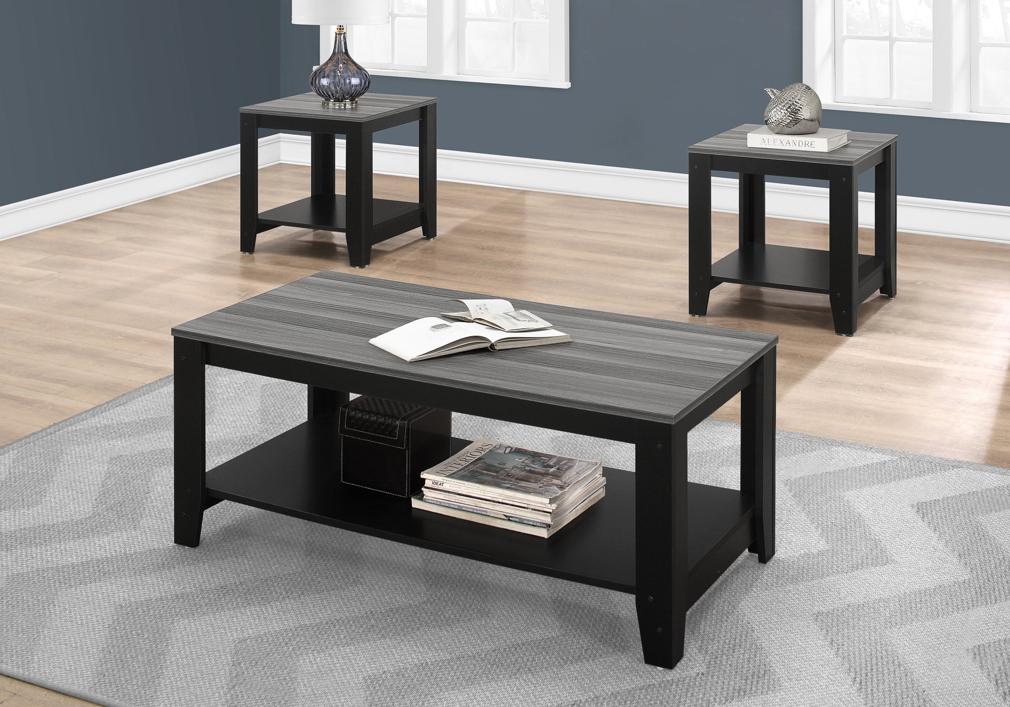 MN-897992P    Table Set, 3Pcs Set, Coffee, End, Side, Accent, Living Room, Laminate, Black, Grey, Contemporary, Modern