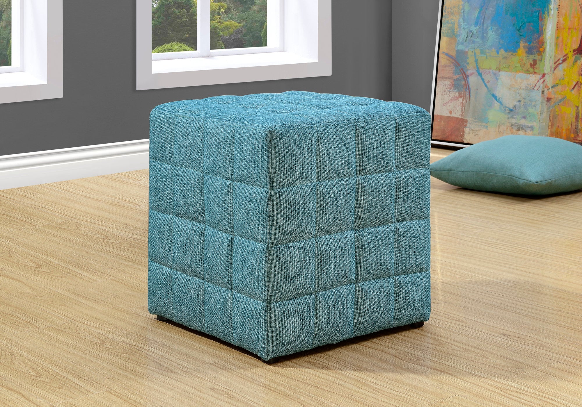 MN-158897    Ottoman, Pouf, Footrest, Foot Stool, 18" Square, Linen Look Fabric, Blue, Contemporary, Modern