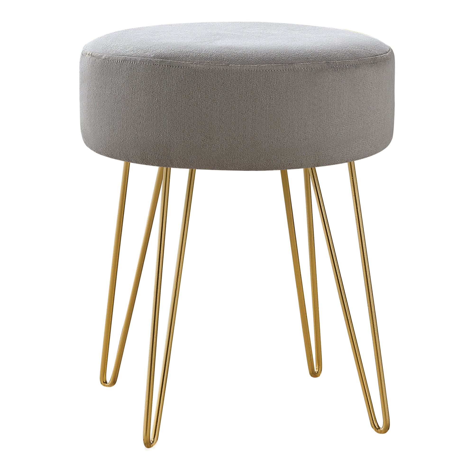 MN-219003    Ottoman, Pouf, Footrest, Foot Stool, 14" Round, Fabric, Metal Legs, Grey, Gold, Contemporary, Modern