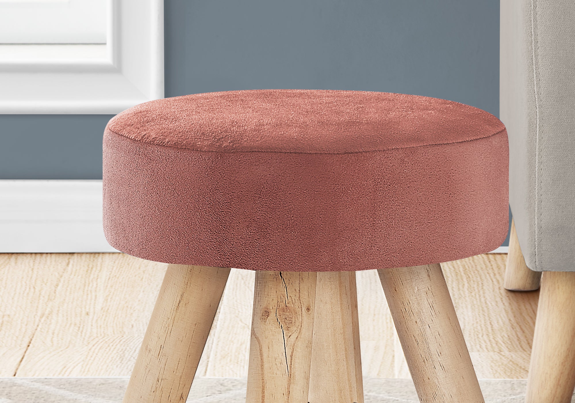 MN-229007    Ottoman, Pouf, Footrest, Foot Stool, 12" Round, Velvet Fabric, Wood Legs, Pink, Natural, Contemporary, Modern