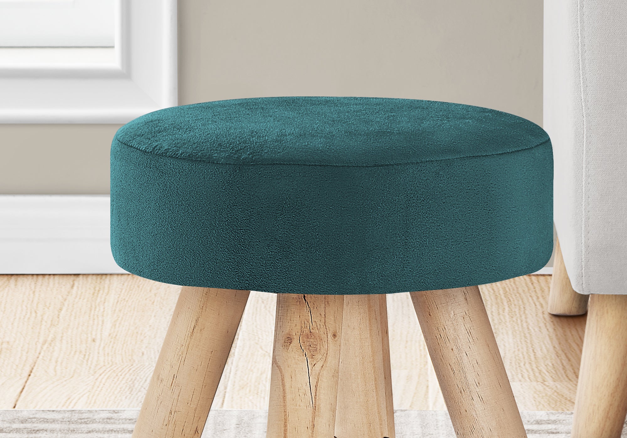 MN-249009    Ottoman, Pouf, Footrest, Foot Stool, 12" Round, Velvet Fabric, Wood Legs, Turquoise, Natural, Contemporary, Modern