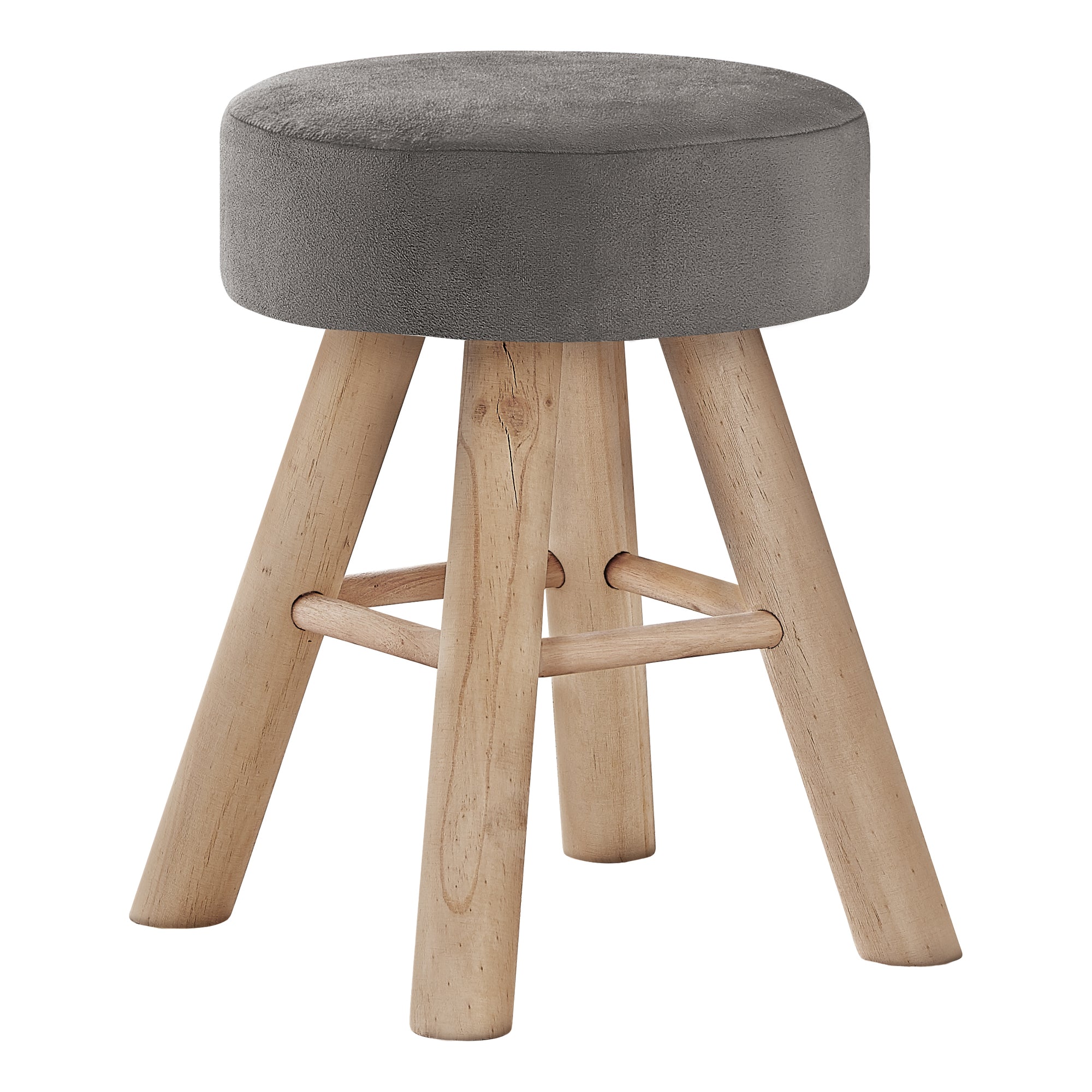 MN-259010    Ottoman, Pouf, Footrest, Foot Stool, 12" Round, Velvet Fabric, Wood Legs, Grey, Natural, Contemporary, Modern
