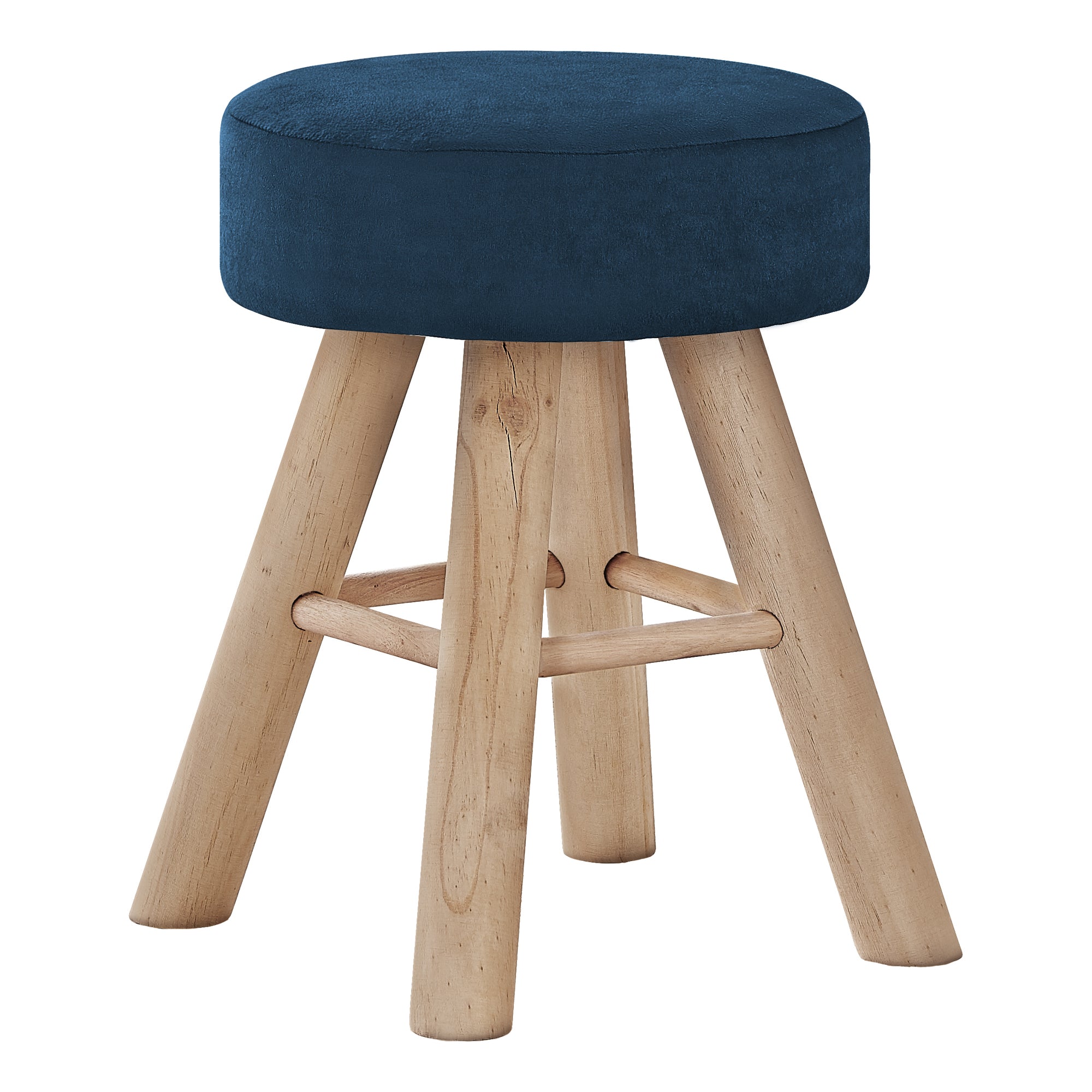 MN-269011    Ottoman, Pouf, Footrest, Foot Stool, 12" Round, Velvet Fabric, Wood Legs, Blue, Natural, Contemporary, Modern