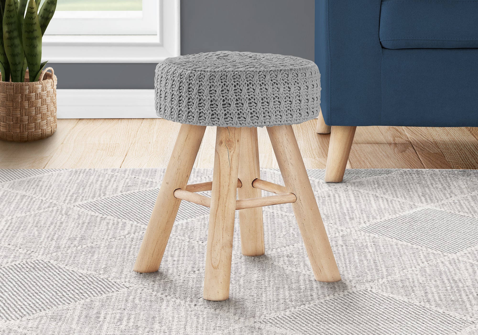 MN-279013    Ottoman, Pouf, Footrest, Foot Stool, 12" Round, Velvet Fabric, Wood Legs, Grey, Natural, Contemporary, Modern