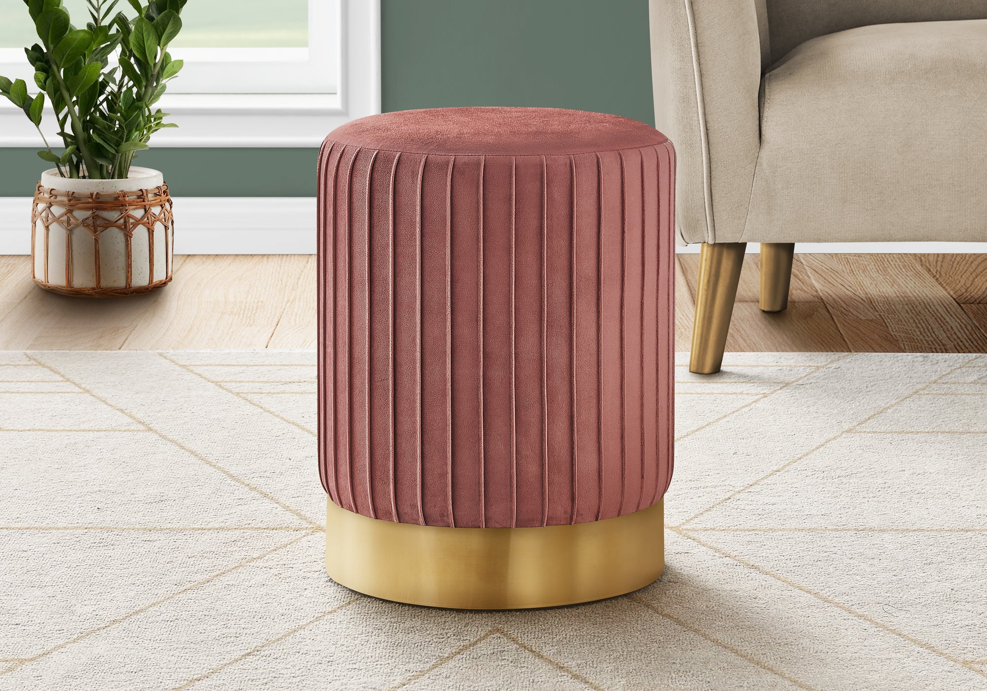 MN-289017    Ottoman, Pouf, Footrest, Foot Stool, 14" Round, Velvet Fabric, Metal Base, Pink, Gold, Contemporary, Glam, Modern