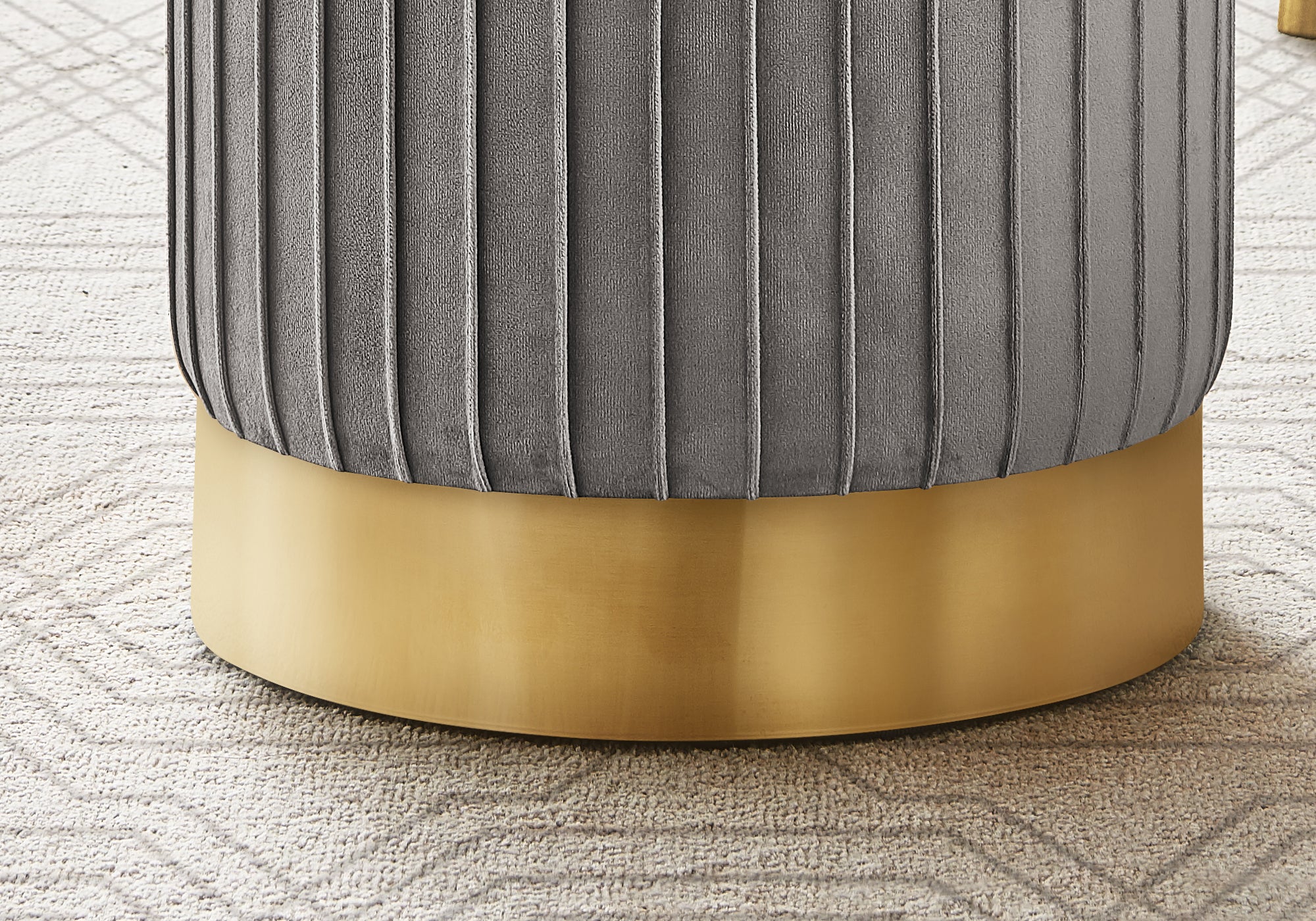 MN-319020    Ottoman, Pouf, Footrest, Foot Stool, 14" Round, Velvet Fabric, Metal Base, Grey, Gold, Contemporary, Glam, Modern