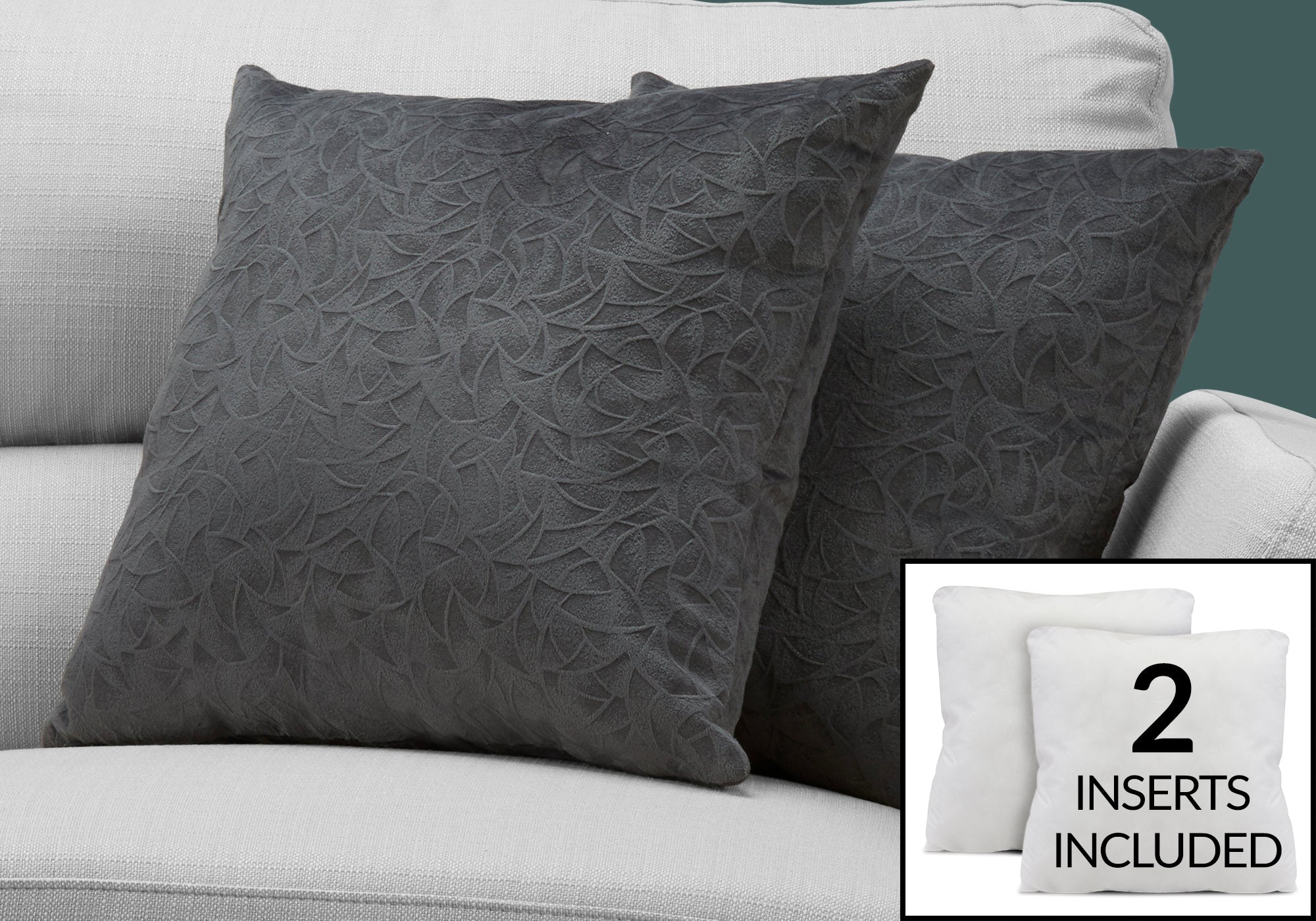 MN-609259    Pillows, Set Of 2, 18 X 18 Square, Insert Included, Decorative Throw, Accent, Sofa, Couch, Bed, Soft Polyester Woven Fabric, Hypoallergenic Soft Polyester Insert, Dark Grey, Transitional