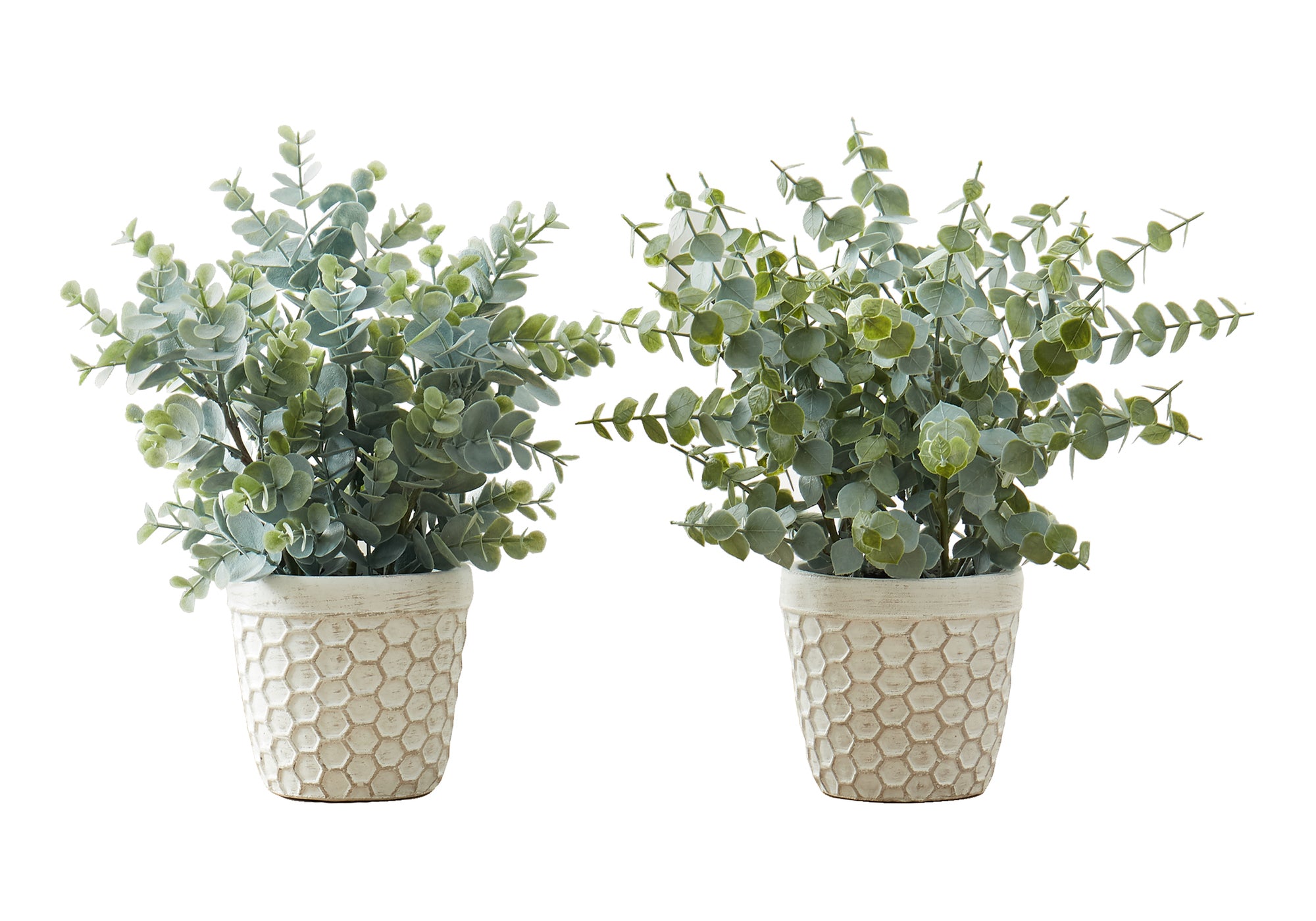 MN-719581    Artificial Plant, 13" Tall, Eucalyptus Grass, Indoor, Faux, Fake, Table, Greenery, Potted, Set Of 2, Decorative, Green Leaves, White Pots