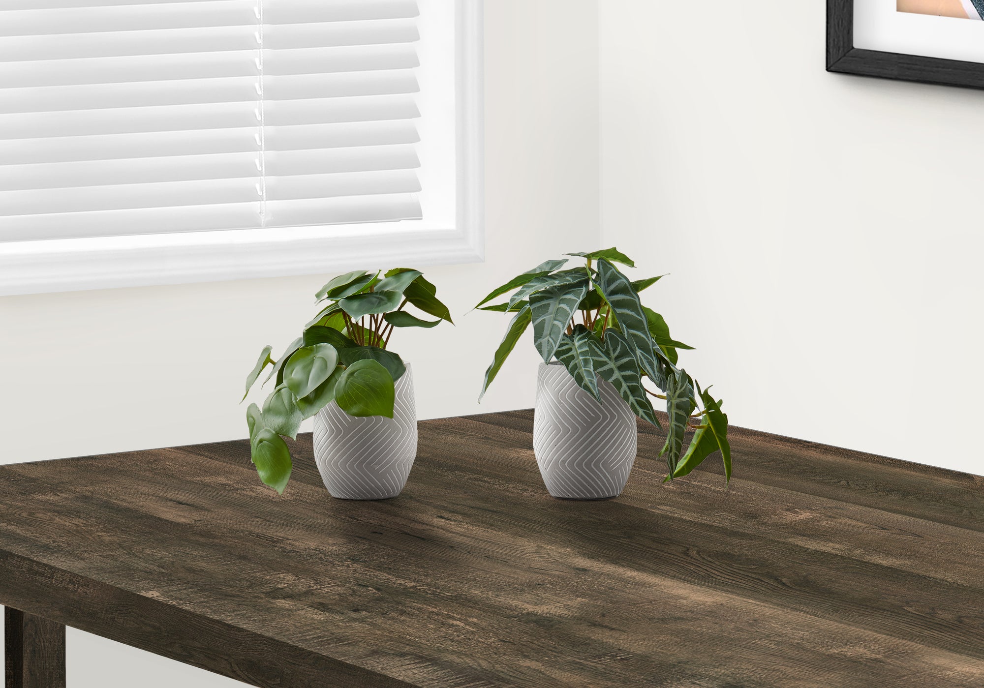 MN-729582    Artificial Plant, 8" Tall, Alocasia, Indoor, Faux, Fake, Table, Greenery, Potted, Set Of 2, Decorative, Green Leaves, White Cement Pots