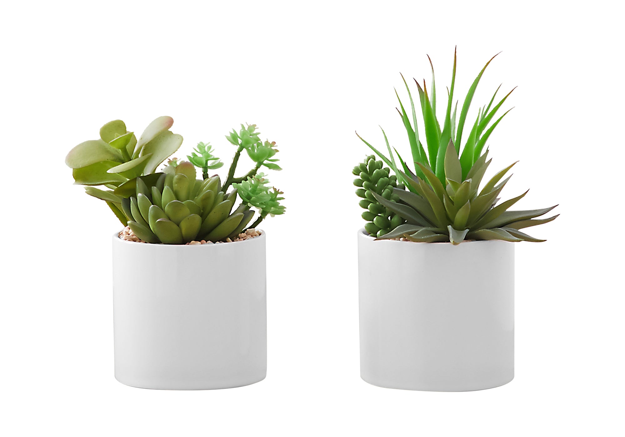 MN-789588    Artificial Plant, 7" Tall, Succulent, Indoor, Faux, Fake, Table, Greenery, Potted, Set Of 2, Decorative, Green Plants, White Ceramic Pots