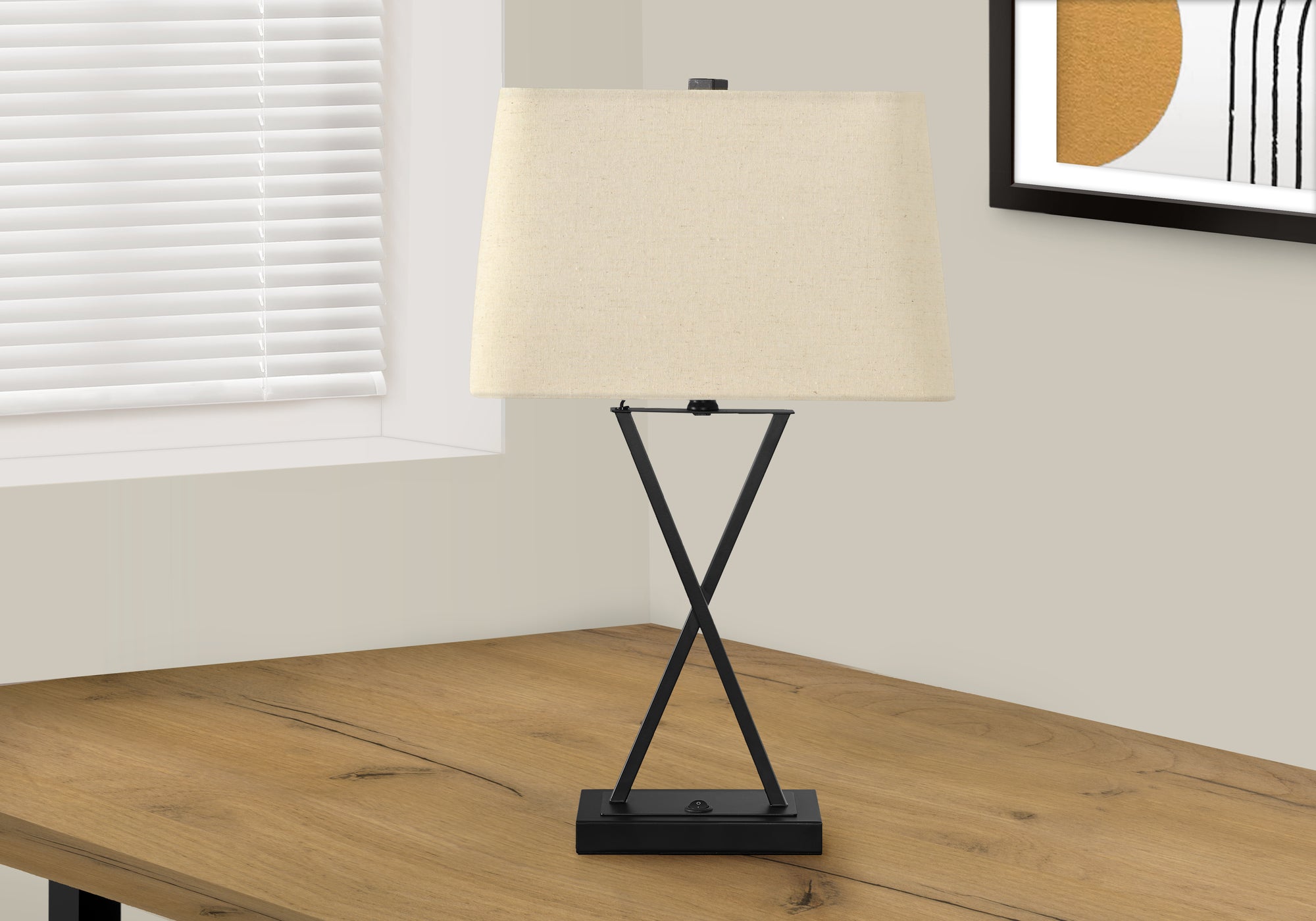 MN-199638    Lighting, 25"H, Table Lamp, Usb Port Included, Black Metal, Beige Shade, Transitional