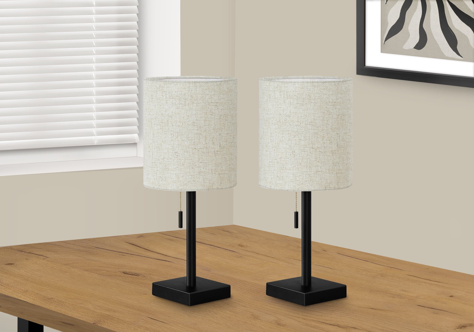 MN-289650    Lighting, Set Of 2, 17"H, Table Lamp, Usb Port Included, Black Metal, Beige Shade, Contemporary