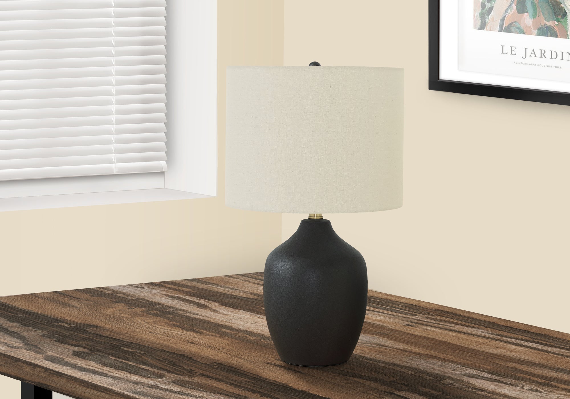 MN-429708    Lighting, 22"H, Table Lamp, Black Ceramic, Ivory / Cream Shade, Transitional