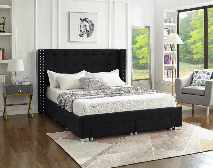 IF-5323 Bed, Black, Velvet, Storage, Deep Tufting