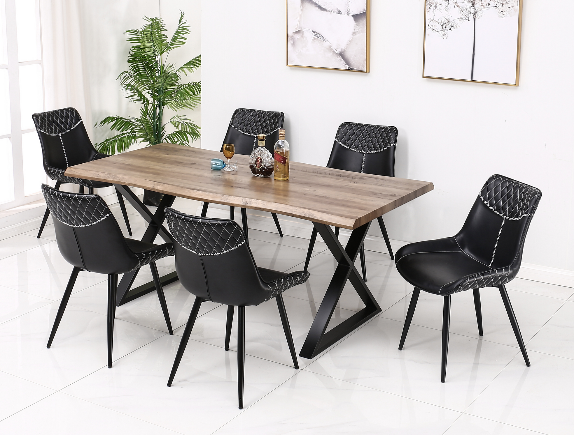 5Pc or 7Pc Dining Set - Live Edge Table with Black X Legs  T-1811 | C-1826