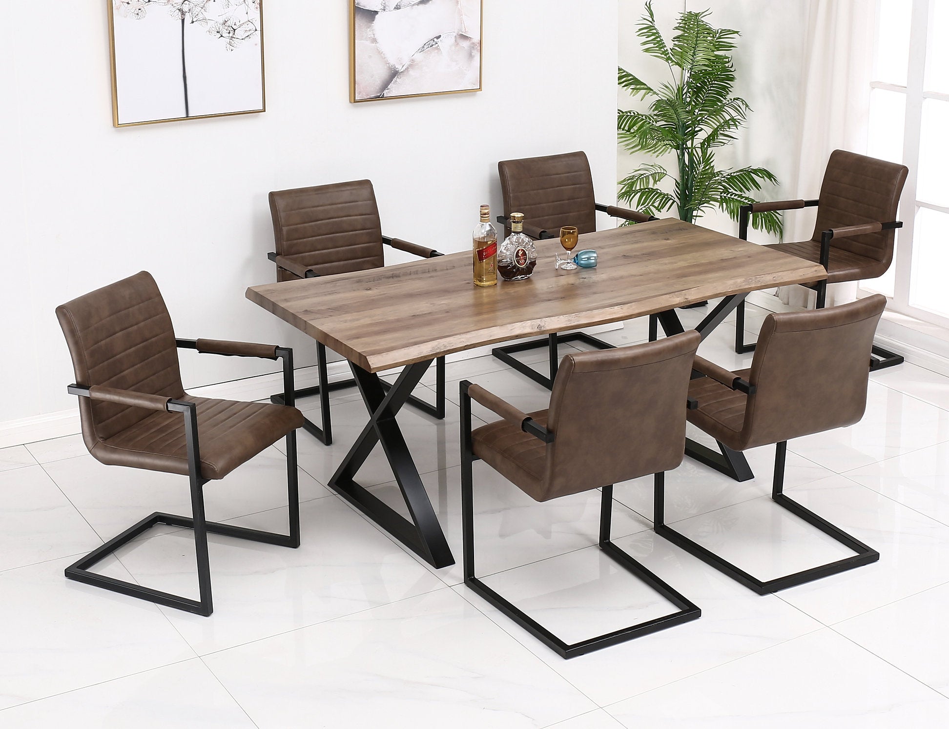 5Pc or 7Pc Dining Set - Live Edge Table with Black X Legs  T-1811 | C-1837