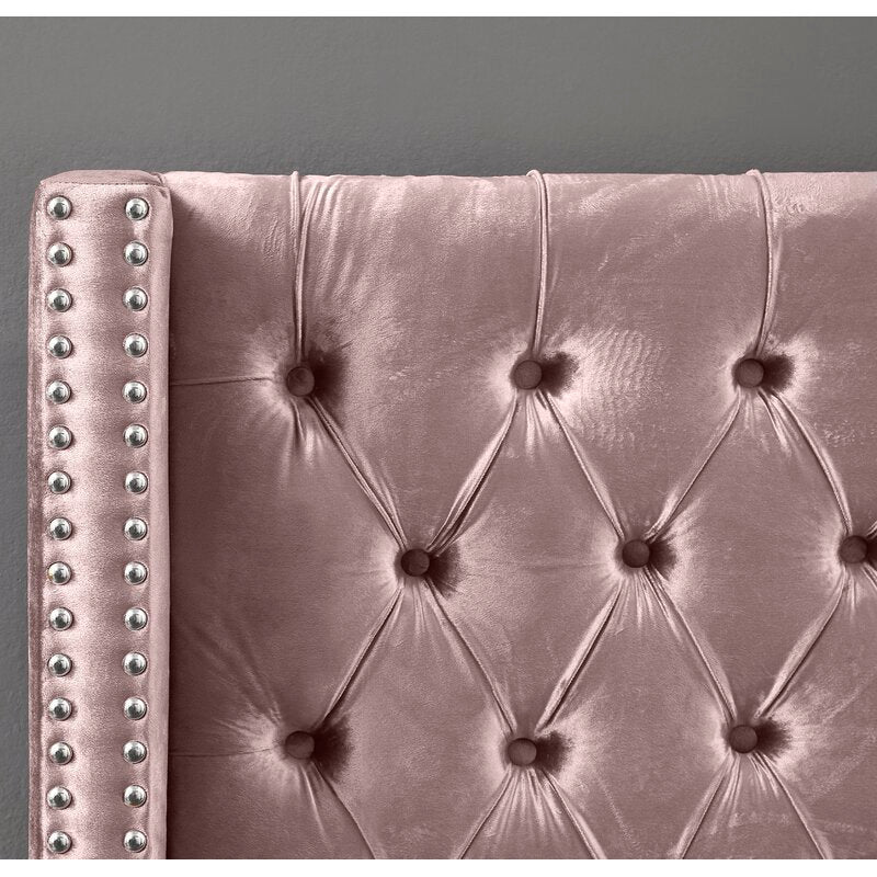Bed - Pink Velvet Fabric with Nailhead detail  IF-5895