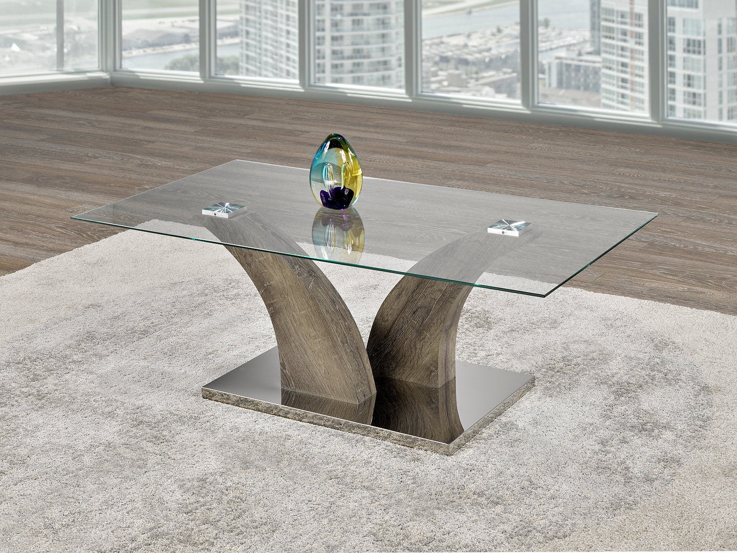 Coffee Table Only - Glass Top, Stainless Steel Base, Wooden Legs  IF-2675
