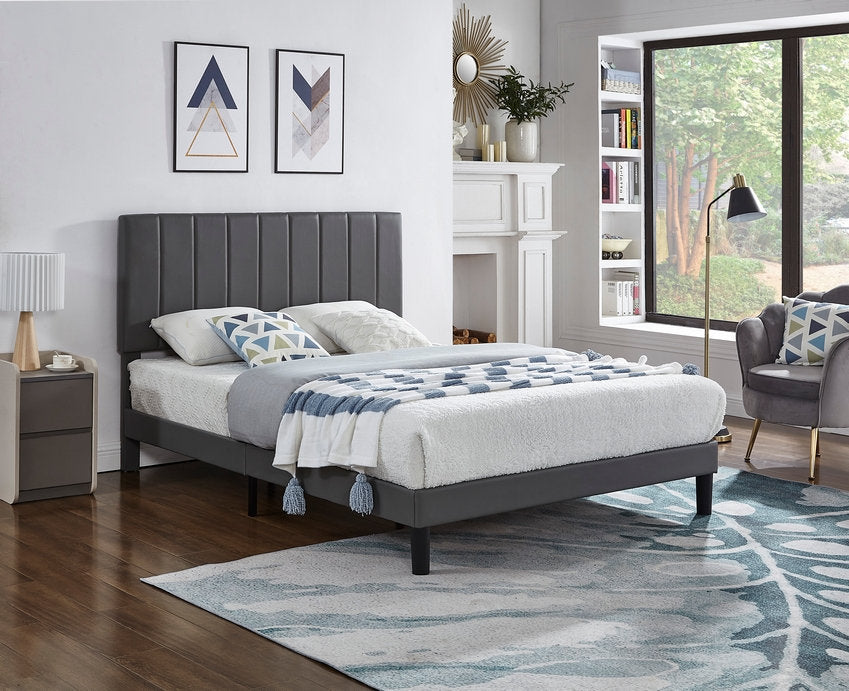 IF-5361 Bed, Dark Grey, Faux Leather, Vertical Tufting, Adjustable Height Headboard