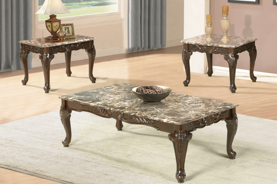 3Pc Coffee Table Set - Espresso with Light Brown Faux Marble  IF-2070