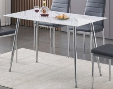 T-5080 Dining Table, 48" White Marble Glass Top, Chrome Legs